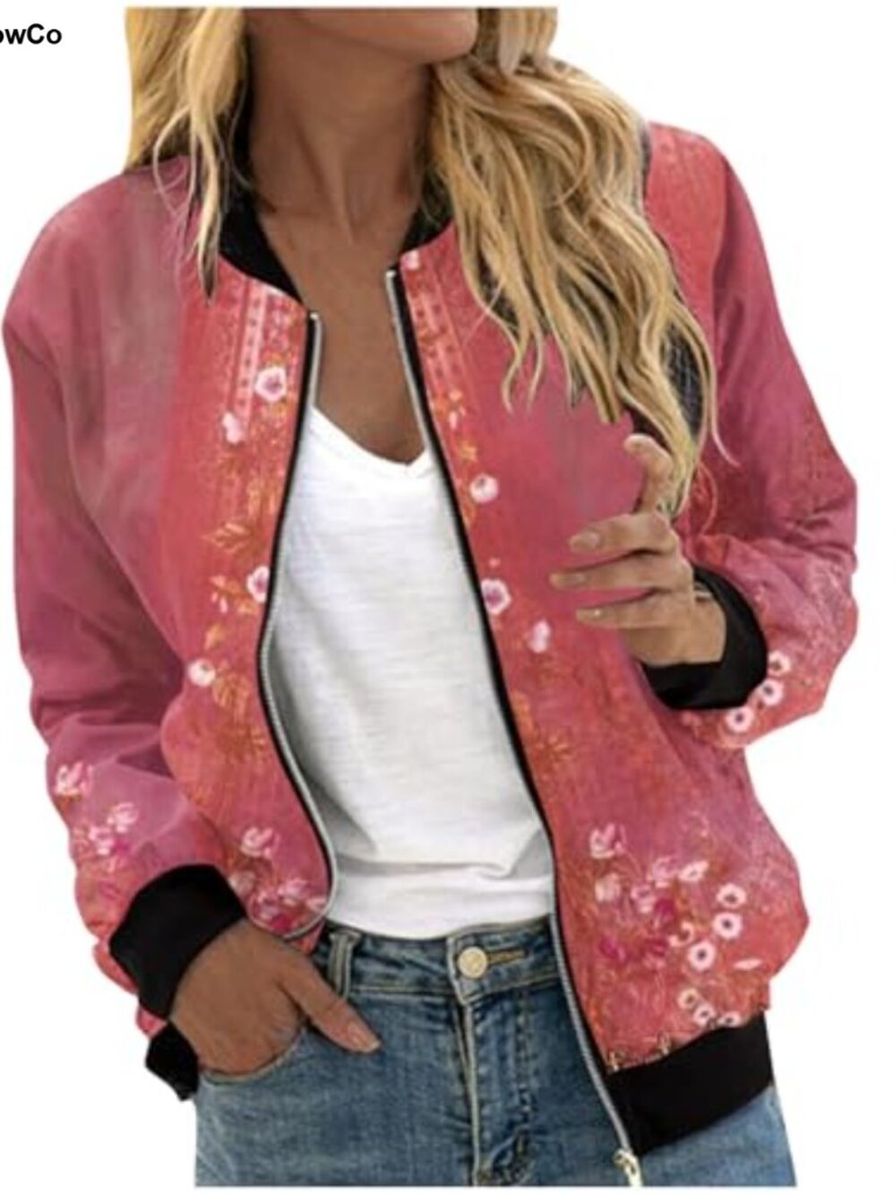Women's Floral Print Bomber Jacket Lightweight Zip Vintage Casual Outwear - Picture 1 of 3